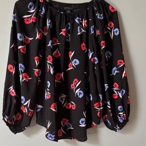 Ann Taylor Black Blouse with Red and Blue Floral Design
